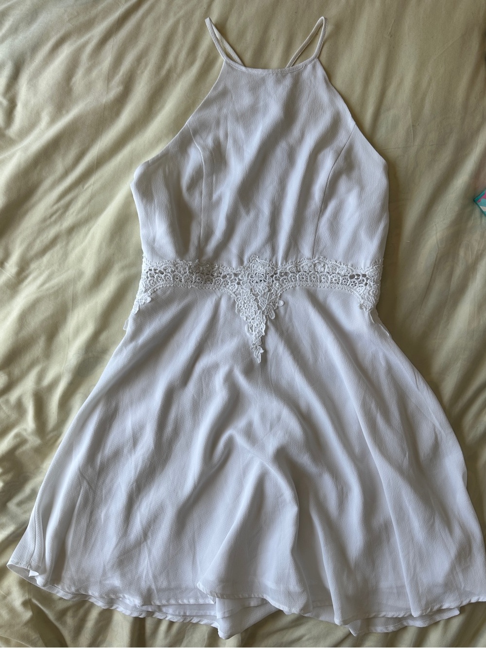 White Halter Mini Dress with Lace Waist Detail